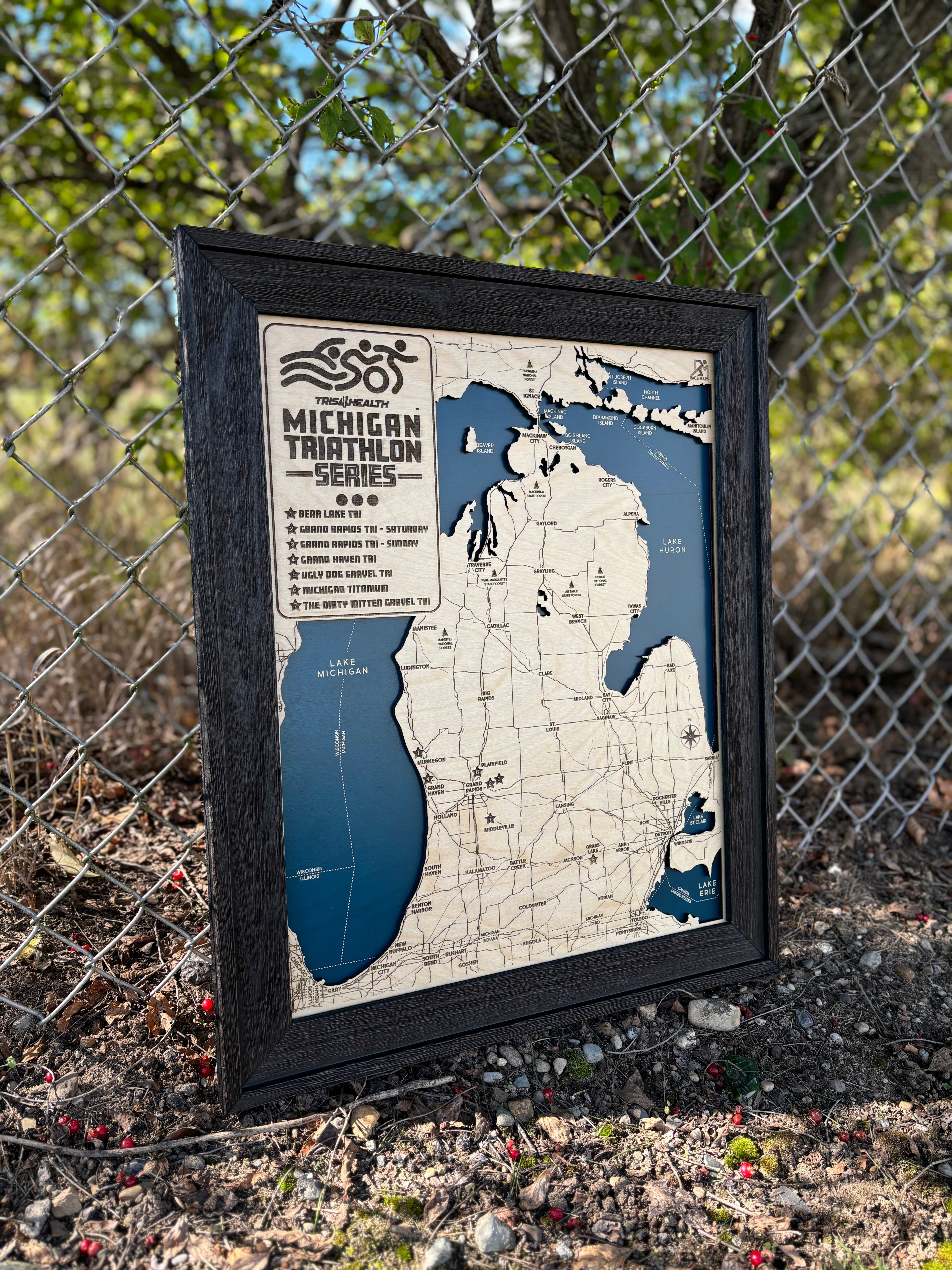 Michigan Triathlon Series Custom Wood Map | Tris4Health Races