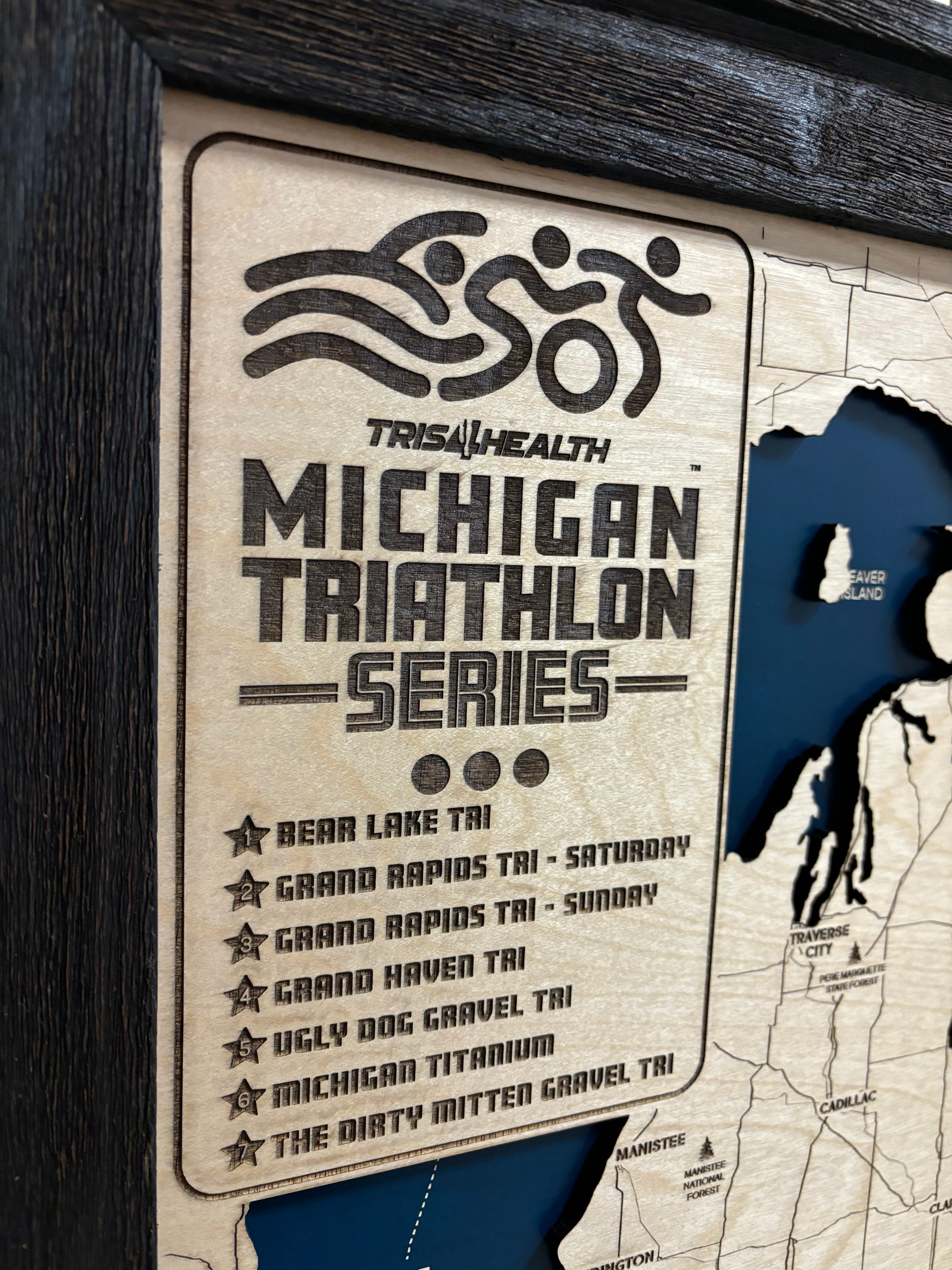 Michigan Triathlon Series Custom Wood Map | Tris4Health Races