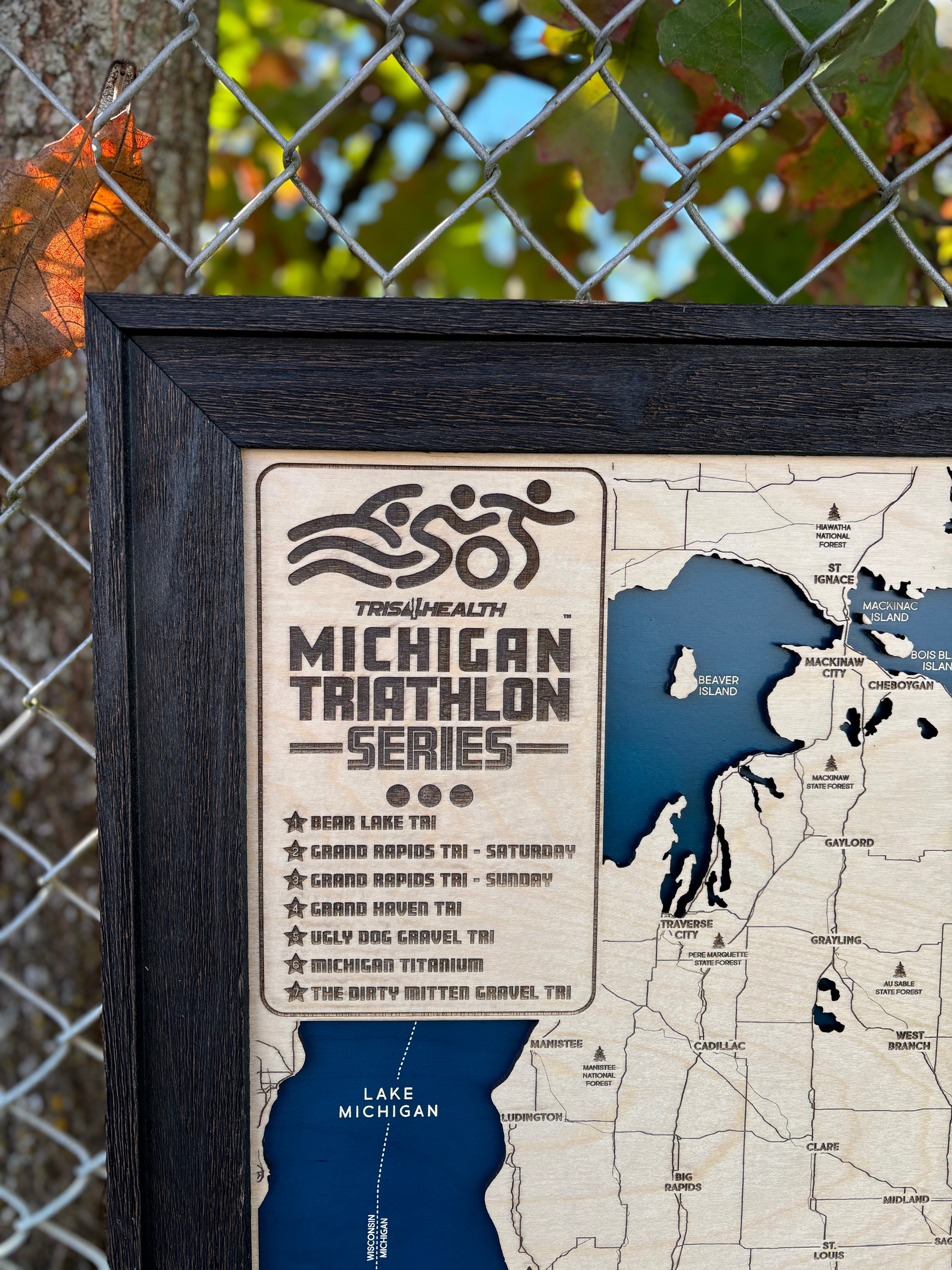 Michigan Triathlon Series Custom Wood Map | Tris4Health Races