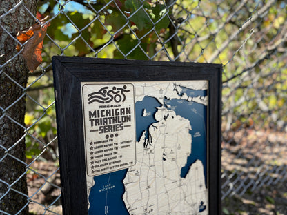 Michigan Triathlon Series Custom Wood Map | Tris4Health Races