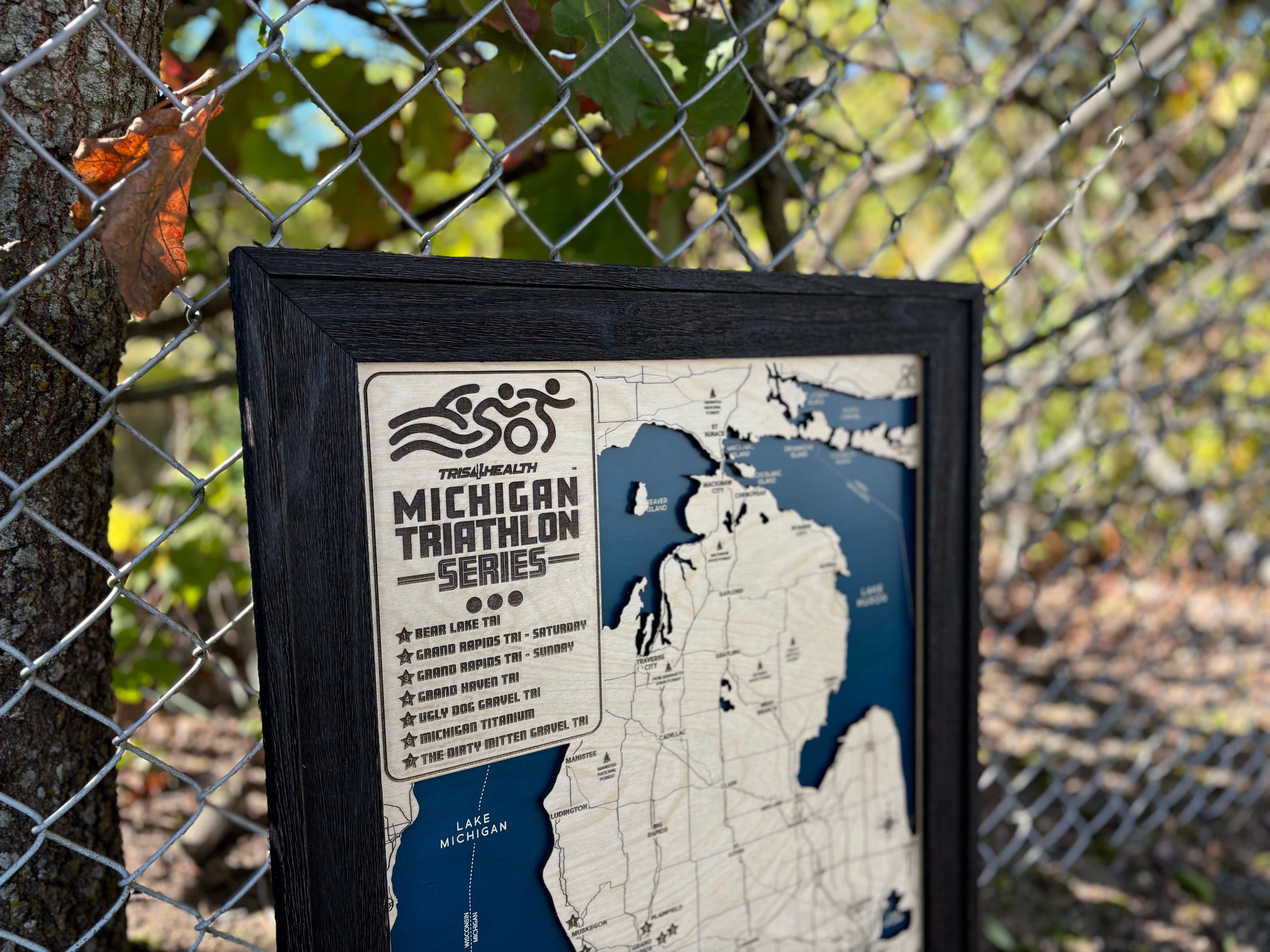 Michigan Triathlon Series Custom Wood Map | Tris4Health Races
